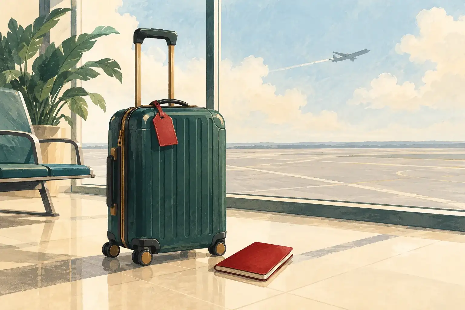 Illustration of a suitcase and passport beside an airport arrivals window.