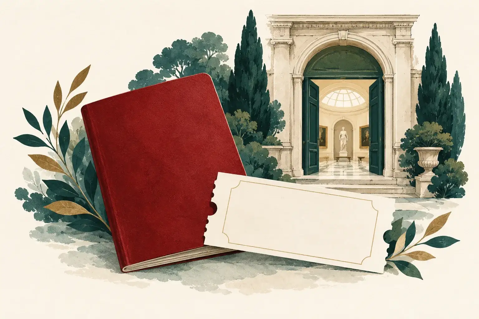 Illustration of a passport and museum ticket beside a museum doorway.