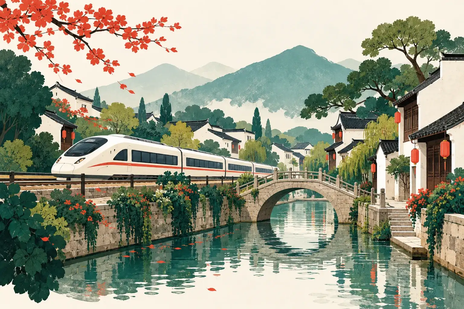 Illustration of a passenger train with canal-town rooftops in the distance.