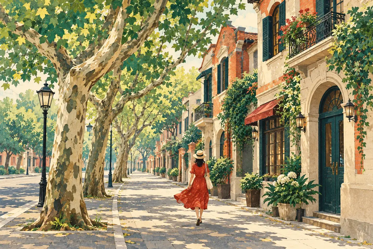 Illustration of a walker on a plane-tree-lined street with low-rise buildings.