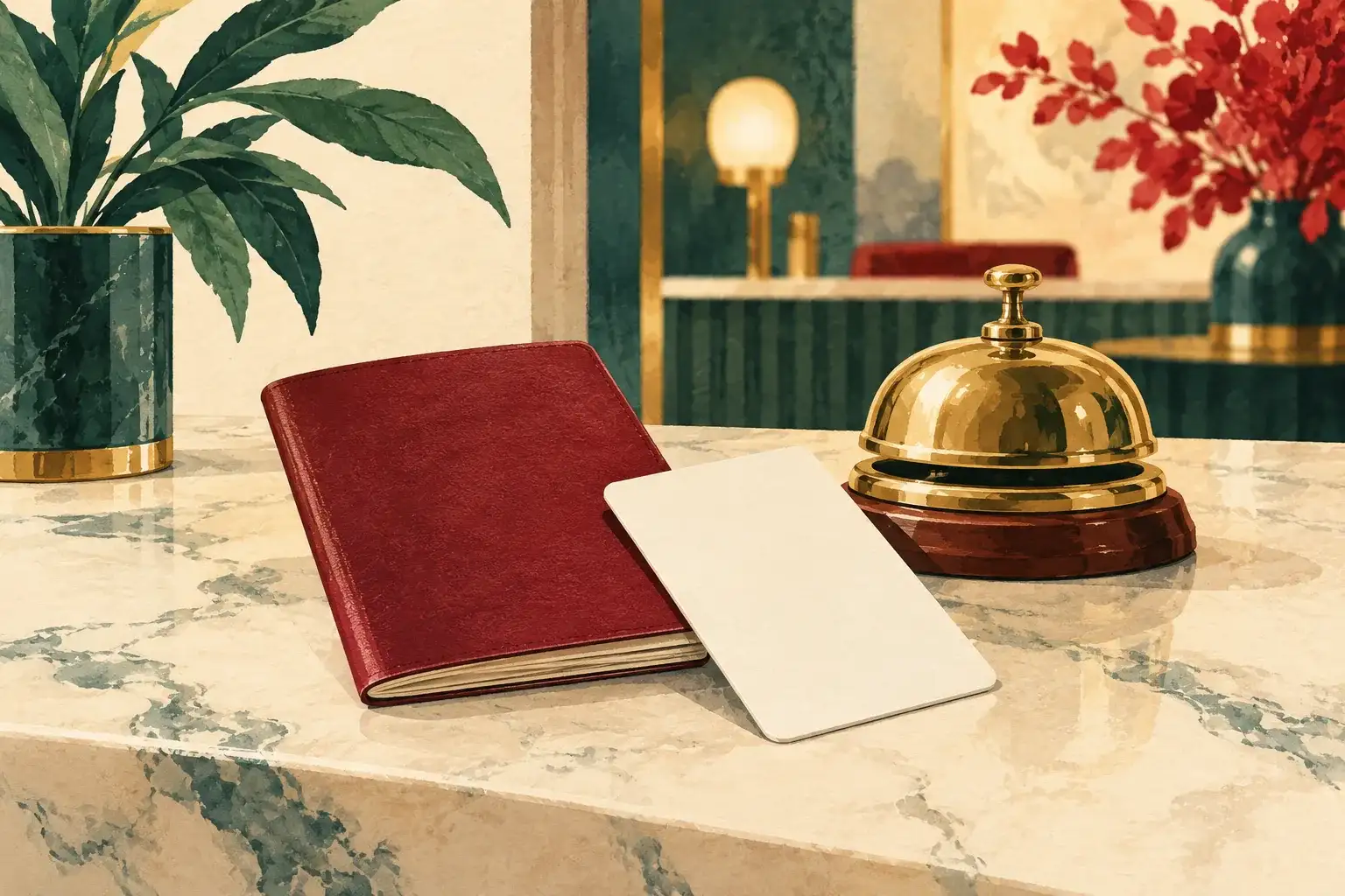 Illustration of a passport, room key and hotel reception bell.