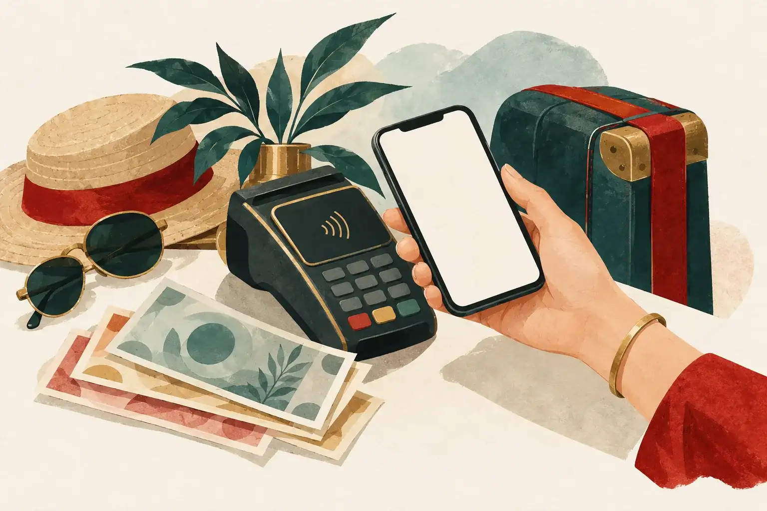 Illustration of a phone, payment terminal and cash for paying while travelling.