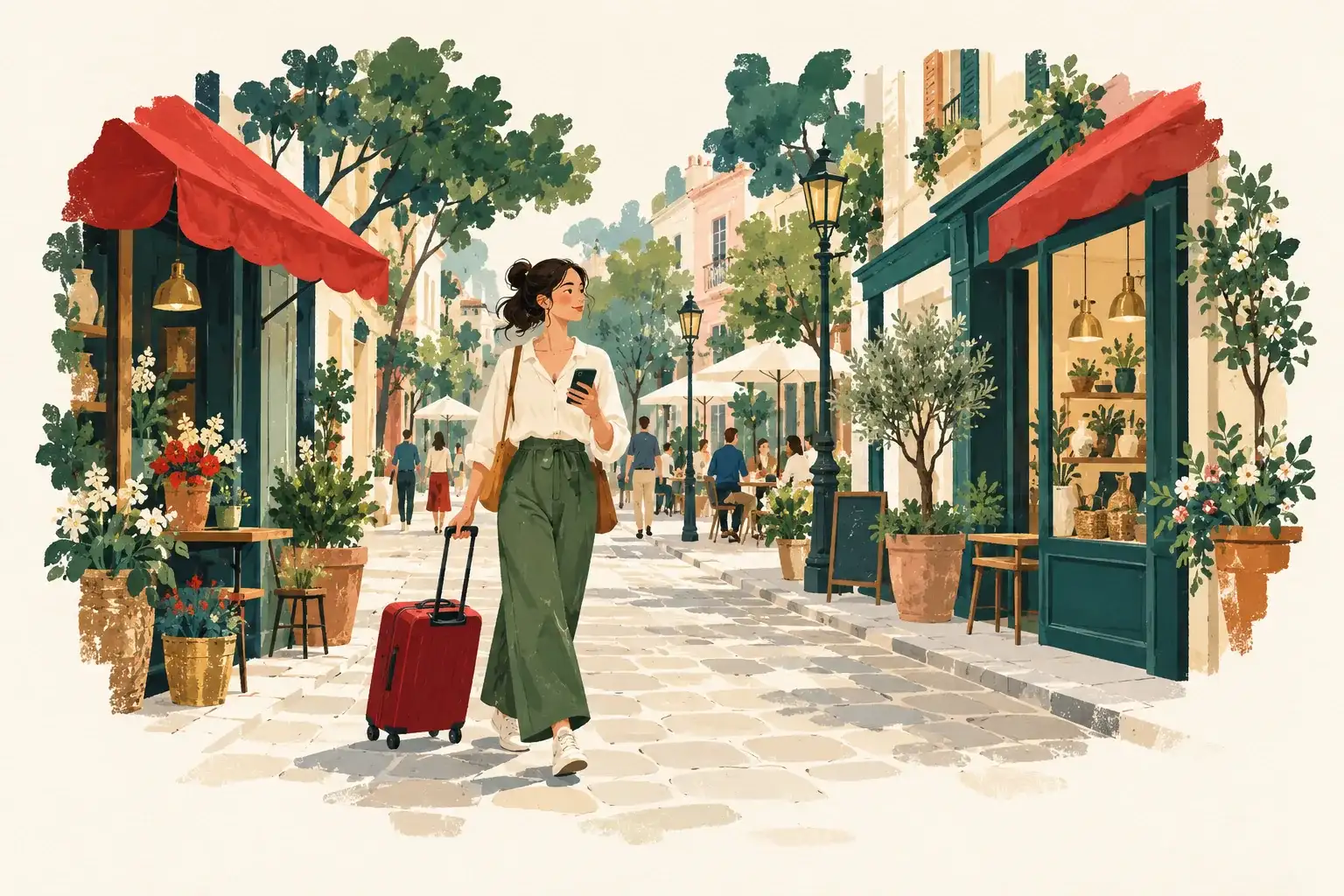 Illustration of a traveller with a small suitcase and phone on a city street.