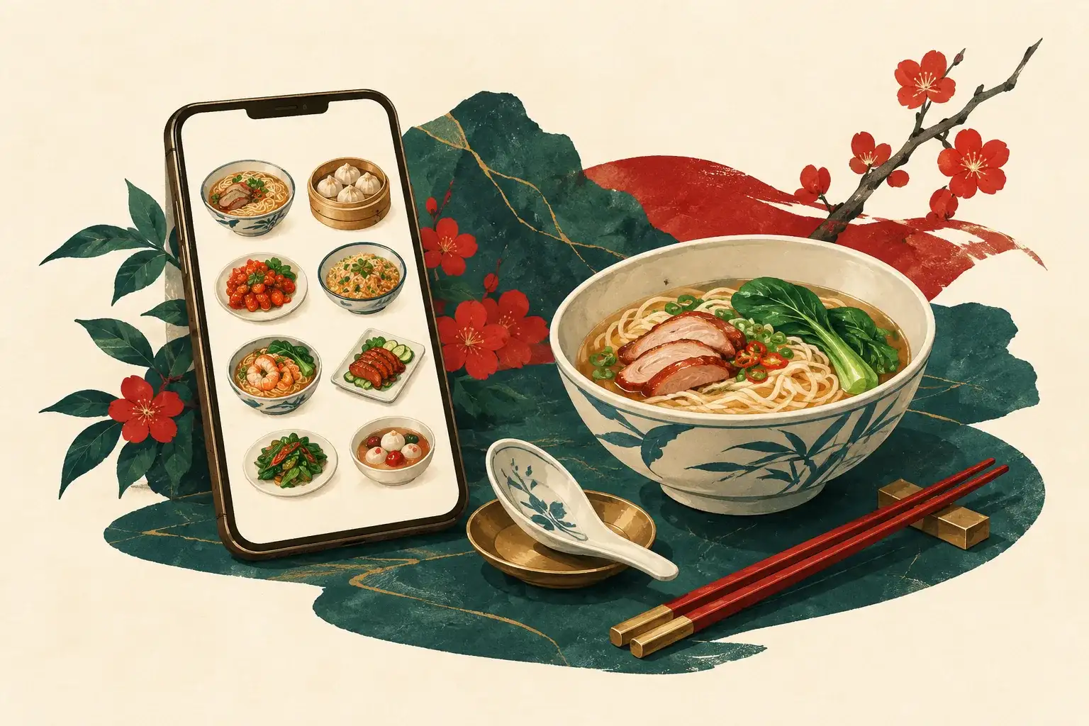 Illustration of a phone and picture menu beside a bowl and chopsticks.