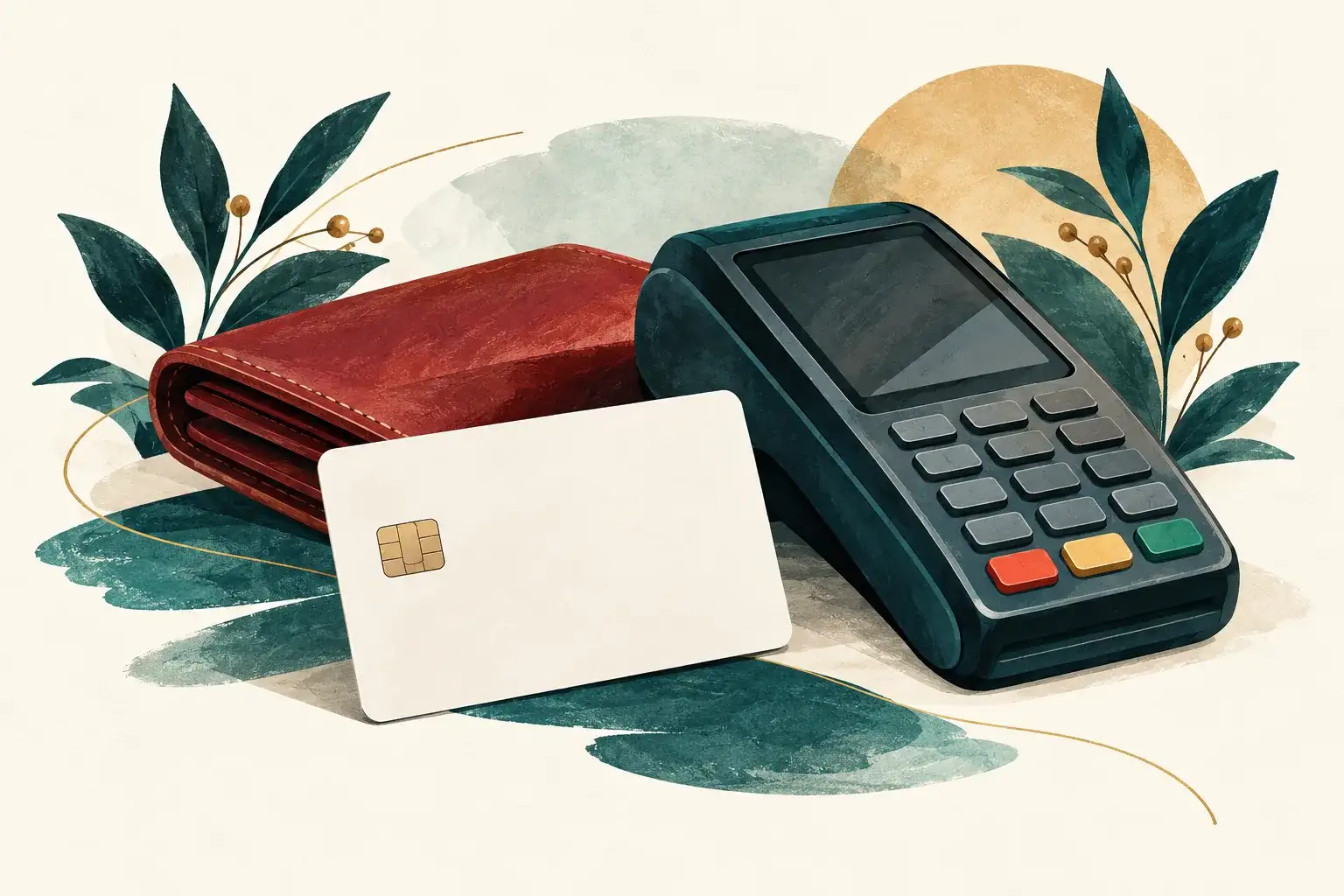 Illustration of an unbranded bank card, payment terminal and wallet.