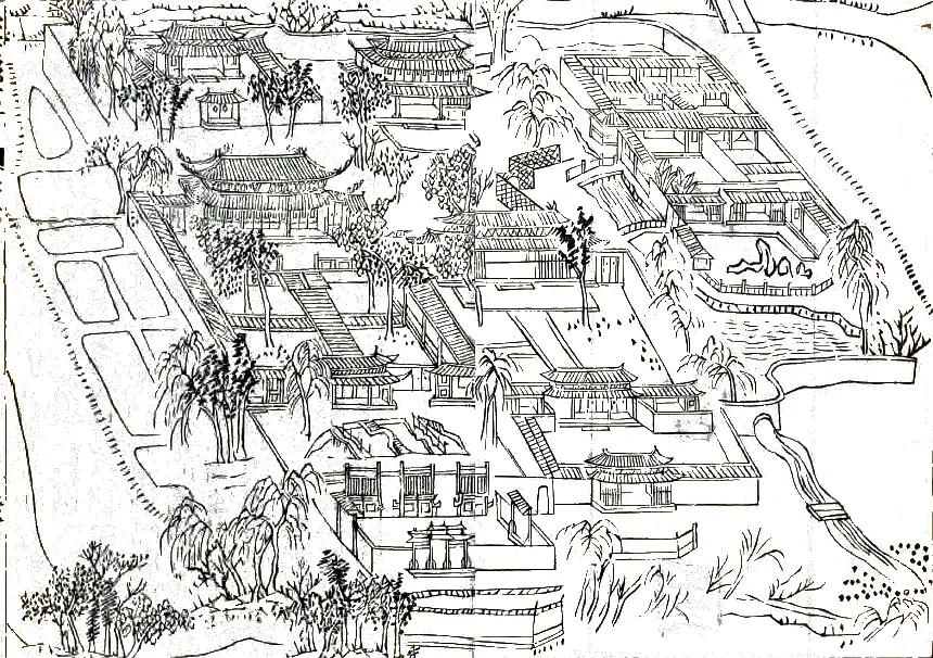 A woodblock map of the Shanghai Confucian Temple from the 1871 county gazetteer, showing its halls, courtyards and pond.