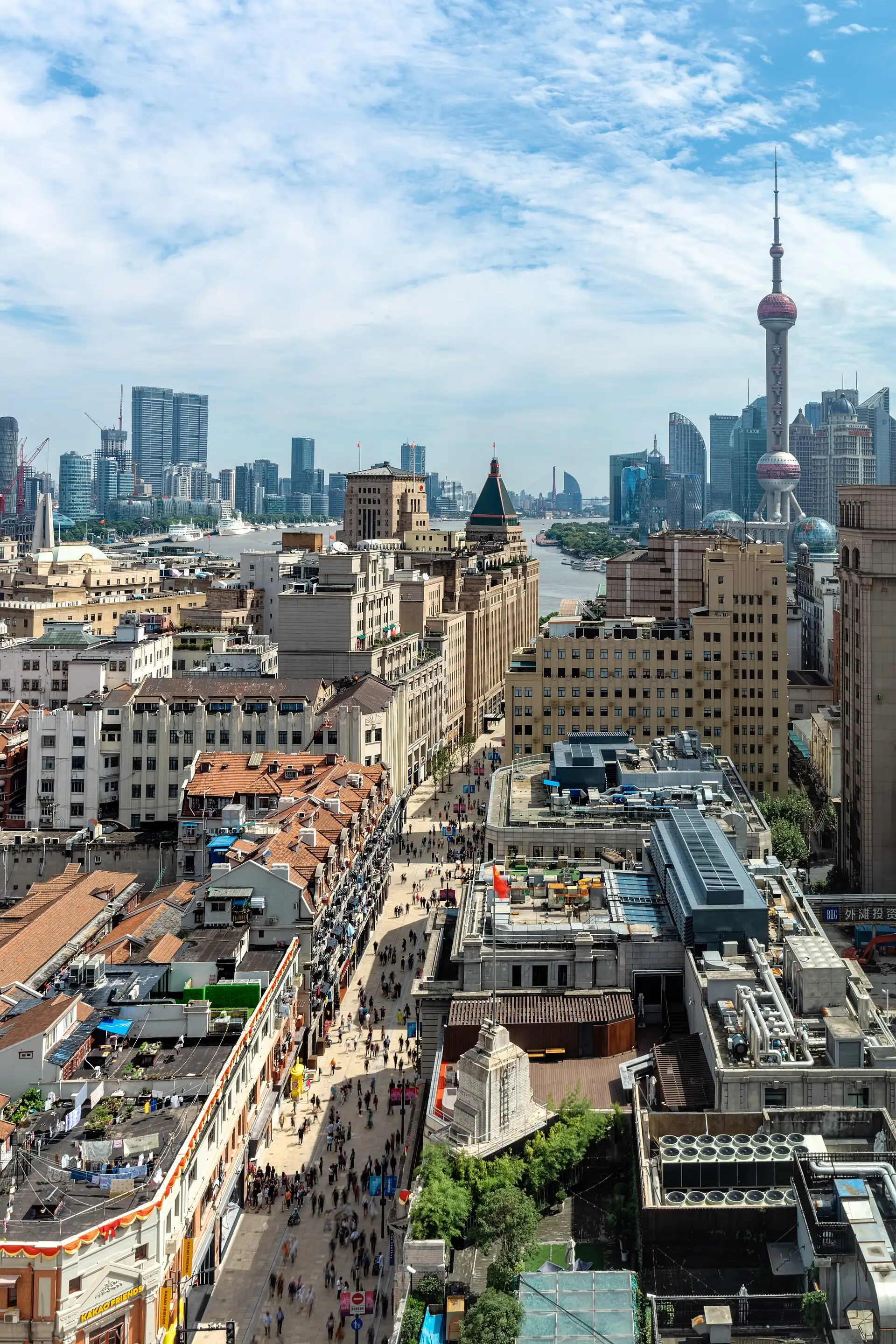 East Nanjing Road from above, a pedestrian street running towards the Oriental Pearl Tower.