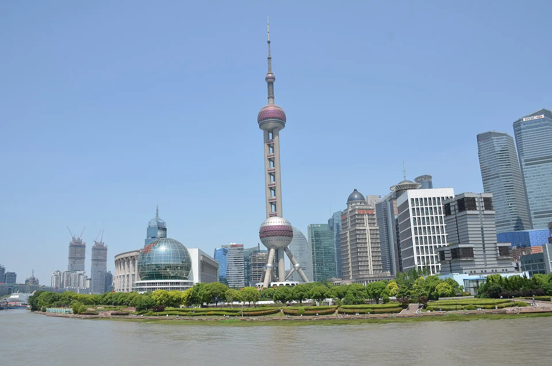 The Oriental Pearl Tower and the Lujiazui waterfront seen across the Huangpu River.
