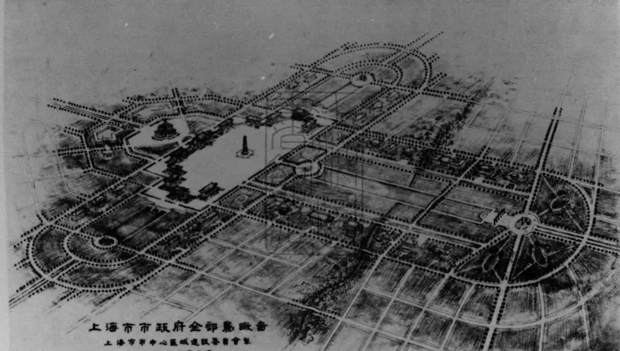Grey printed bird's-eye drawing of a planned city district with a long rectangular square lined by Chinese-style buildings, a tall tower in the middle, tree-lined avenues and circular road junctions, with a Chinese title at the bottom.