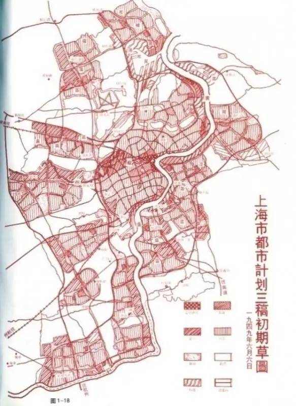 Red-printed city map with hatched and patterned zones along a winding river, a legend at lower right and a vertical Chinese title reading the third draft of the Shanghai city plan, 6 June 1949.