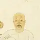 Painted portrait of a seated bald man with a moustache in a white robe, surrounded by books, bronzes and scrolls.