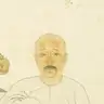 Painted portrait of a seated bald man with a moustache in a white robe, surrounded by books, bronzes and scrolls.