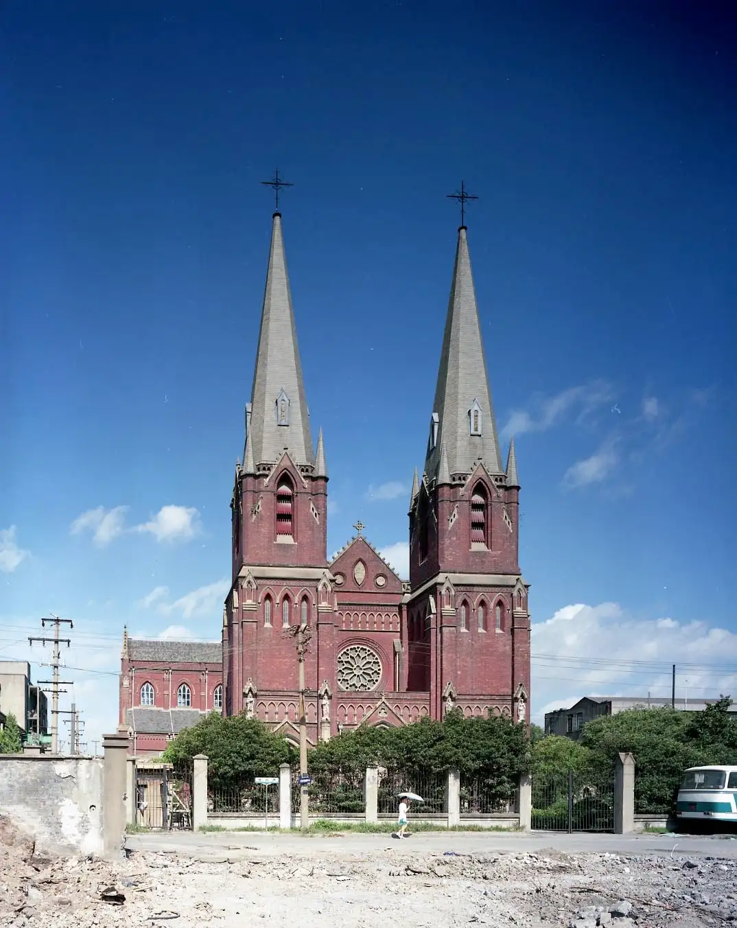 The red-brick twin towers and pointed spires of St Ignatius Cathedral, Xujiahui.