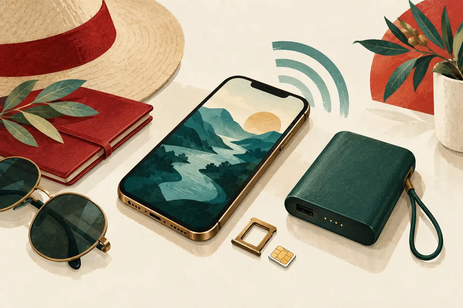 Illustration of a mobile phone, SIM card and portable charger.