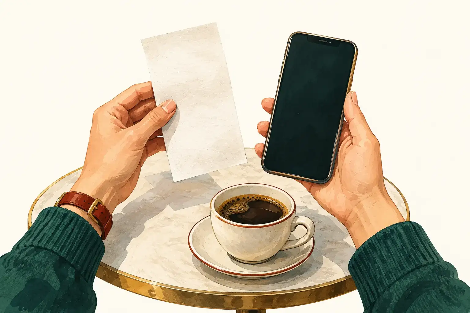 Illustration of a traveller checking a bill and phone before paying.