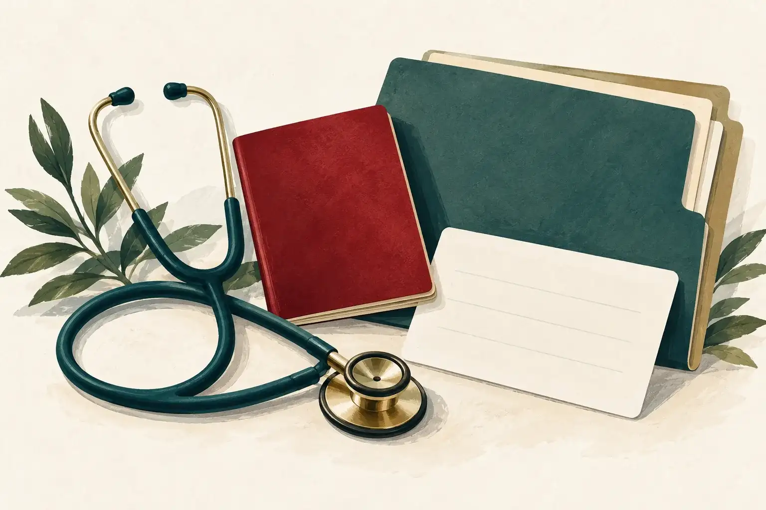 Illustration of a stethoscope, passport, appointment slip and insurance folder.