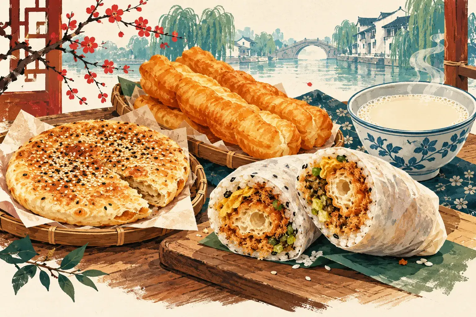 Illustration of dabing flatbread, youtiao, a rice roll and soy milk.