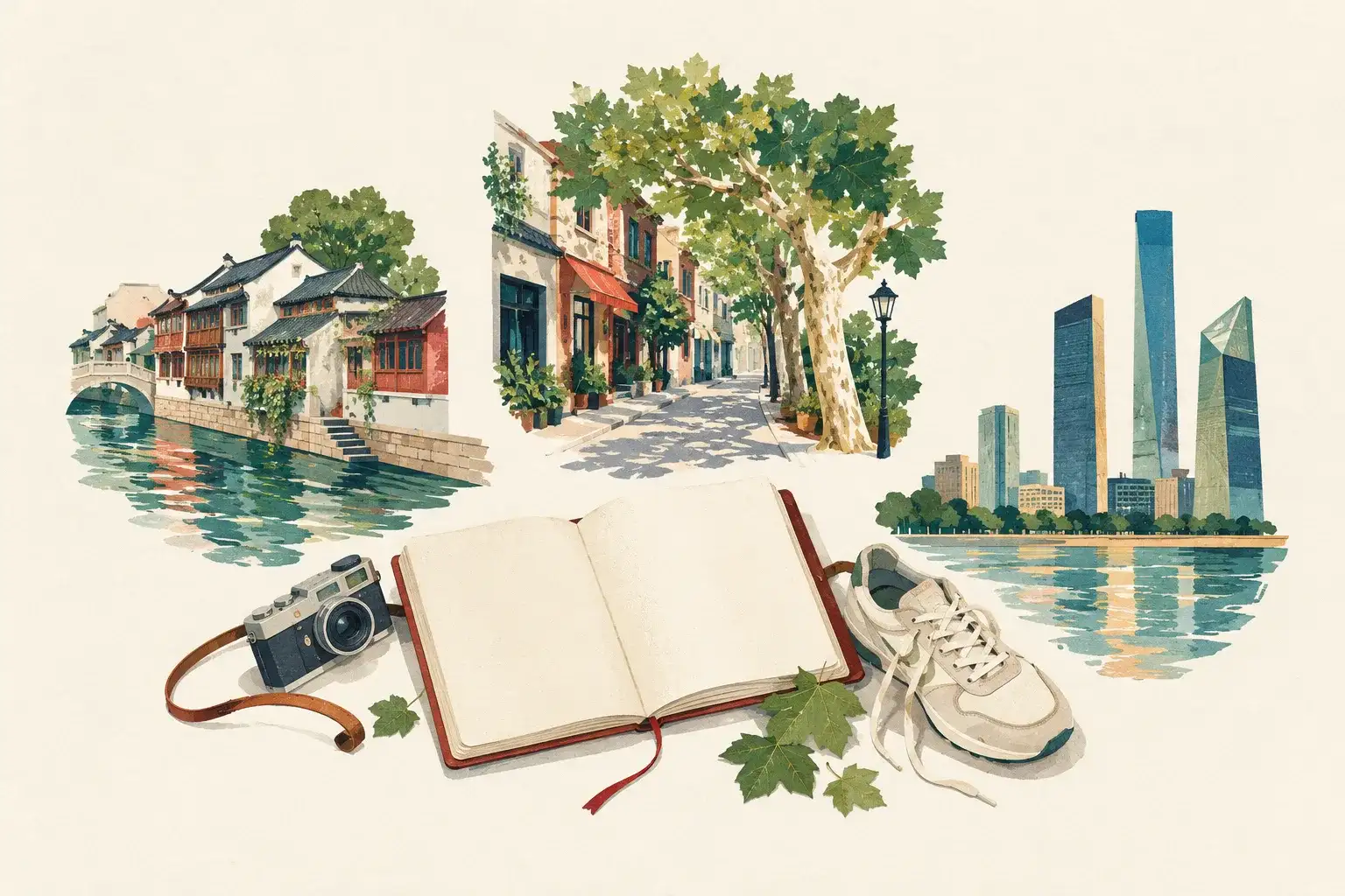 Illustration of a travel notebook and walking shoes with city and leafy street scenes.