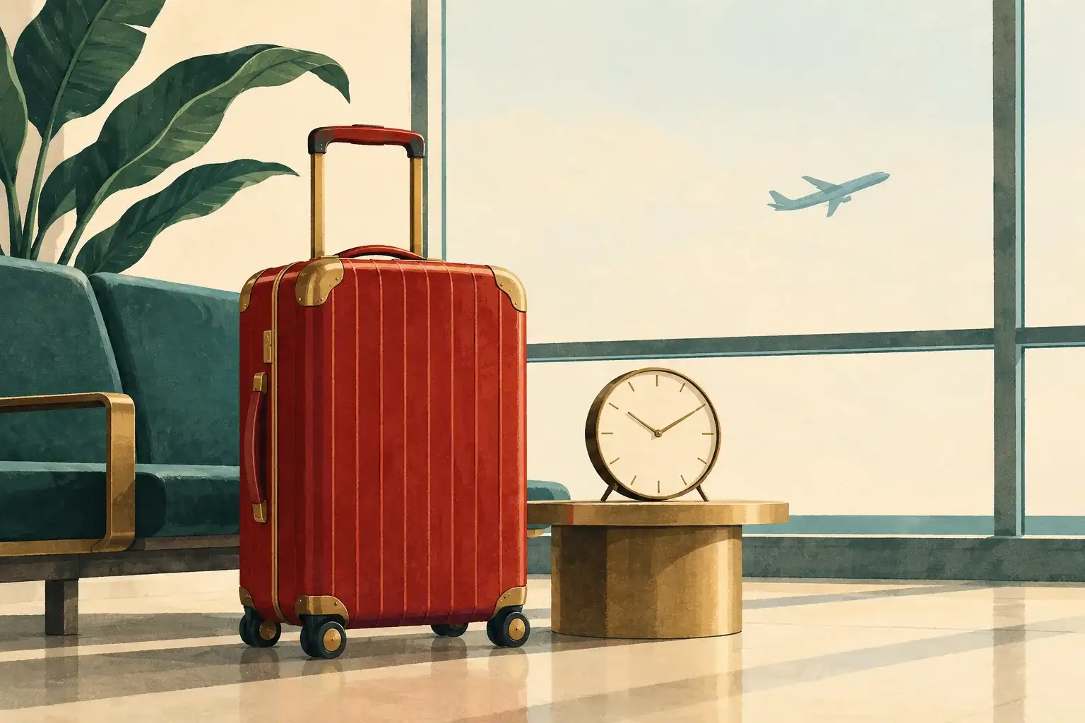 Illustration of a cabin suitcase and clock beside an airport window.