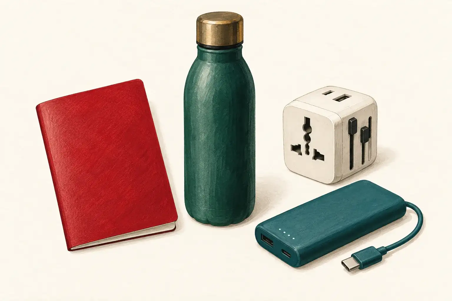 Illustration of a passport, water bottle, plug adaptor and portable charger.