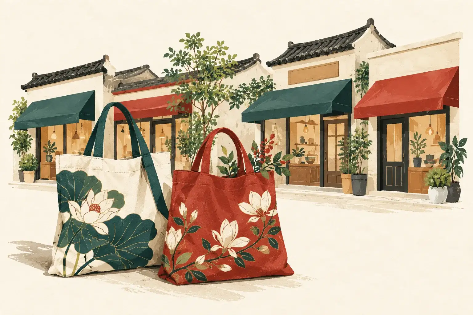 Illustration of shopping bags in front of stylized shopping-street façades.