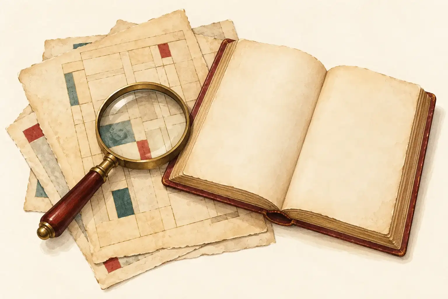 Illustration of a magnifying glass, an old street plan and an address book.