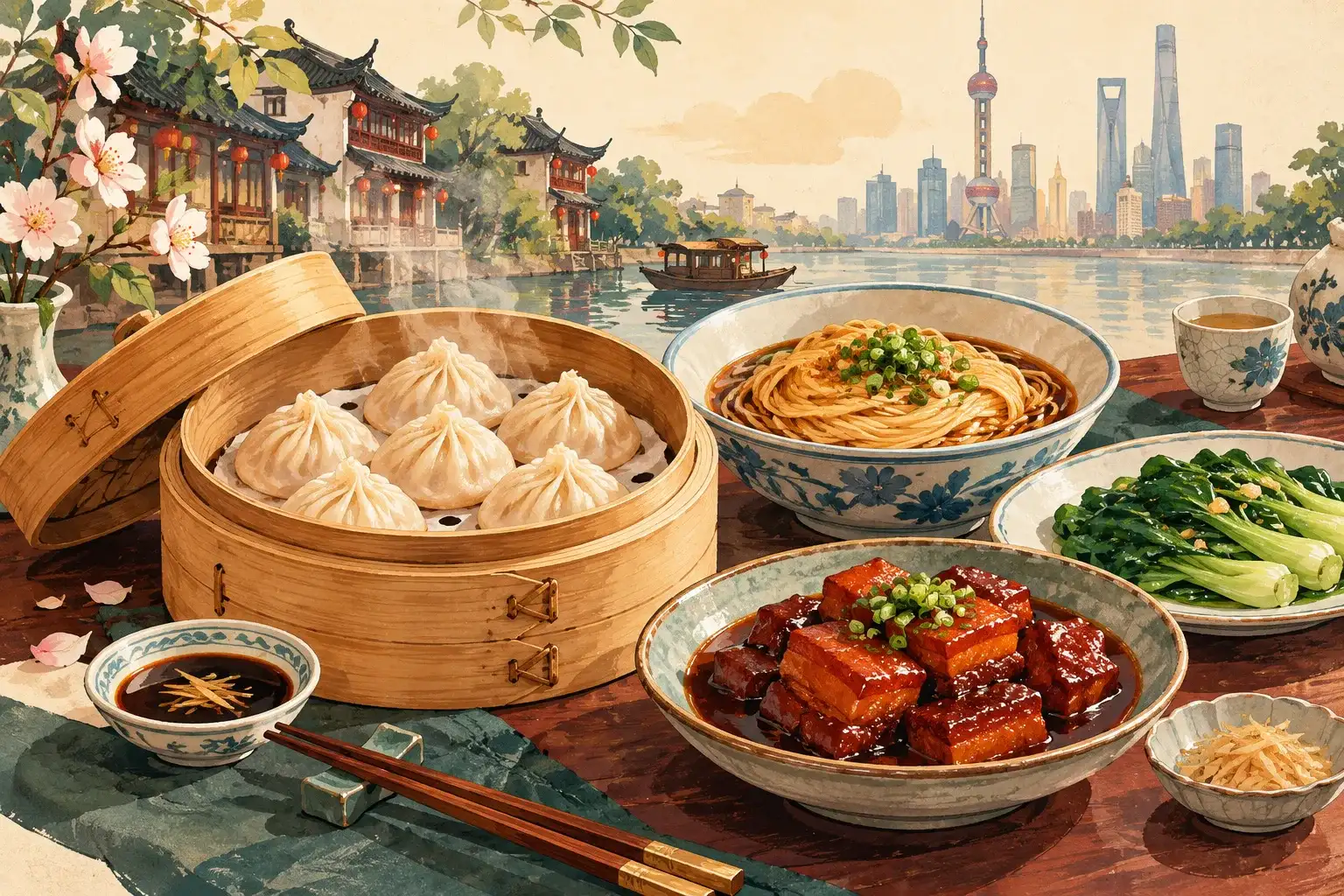 Illustration of dumplings, noodles and a selection of Shanghainese dishes.