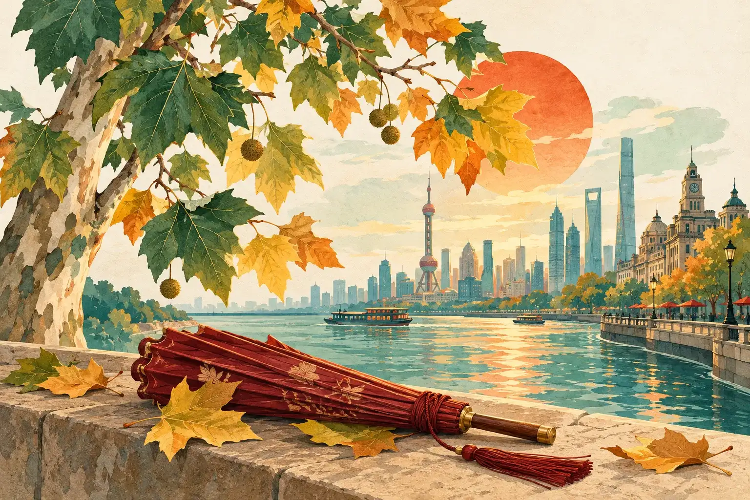 Illustration of seasonal plane-tree leaves, an umbrella and sunshine.