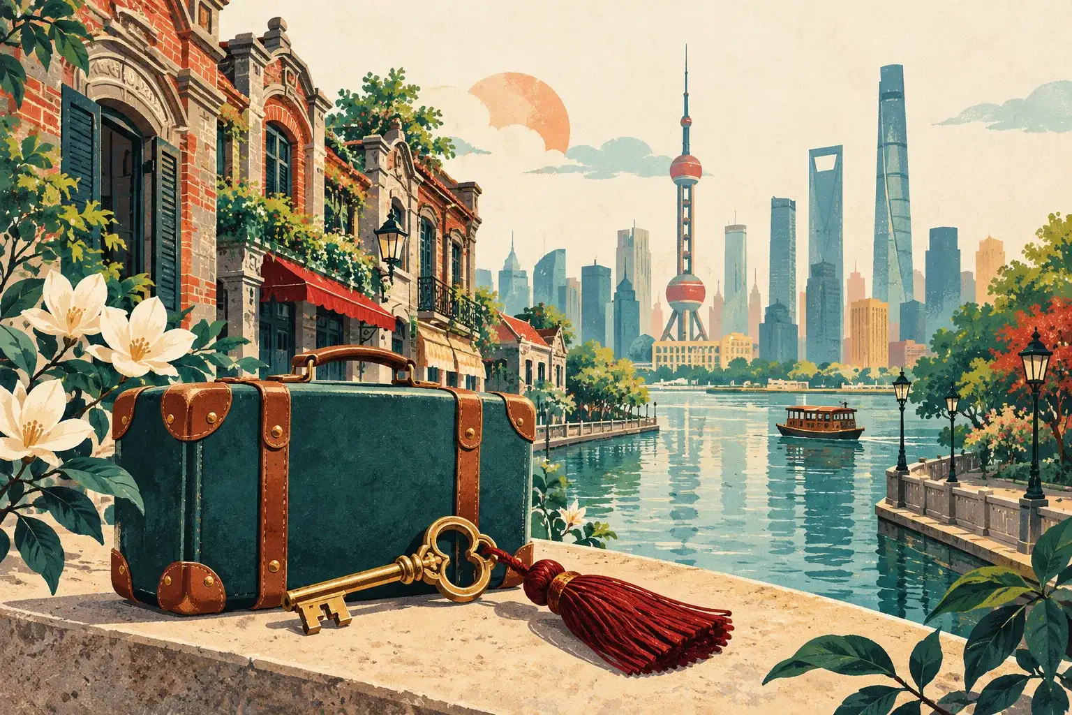 Illustration of a hotel key and suitcase with contrasting city neighbourhoods.