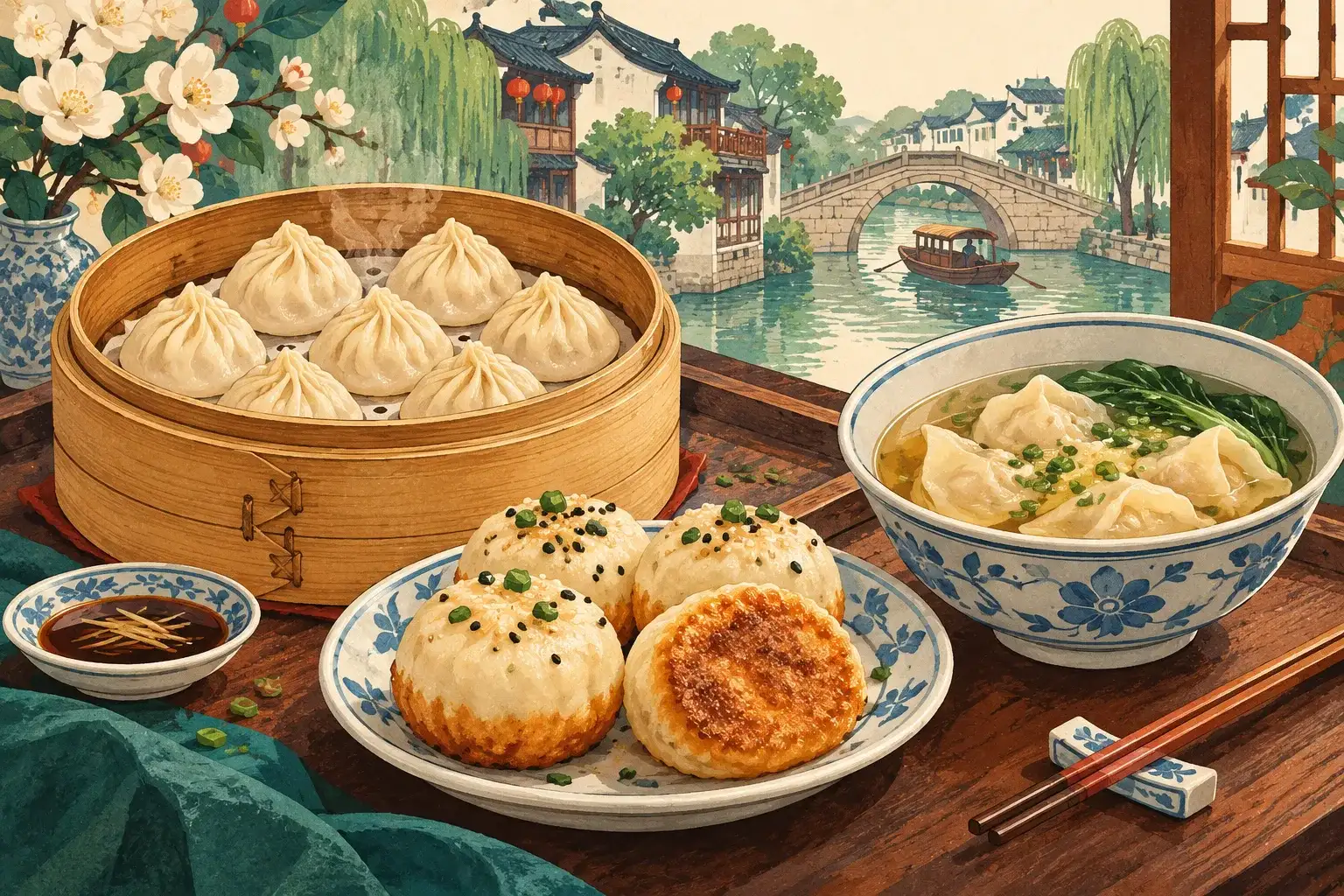Illustration of xiaolongbao in a bamboo steamer, pan-fried shengjian and wonton soup.